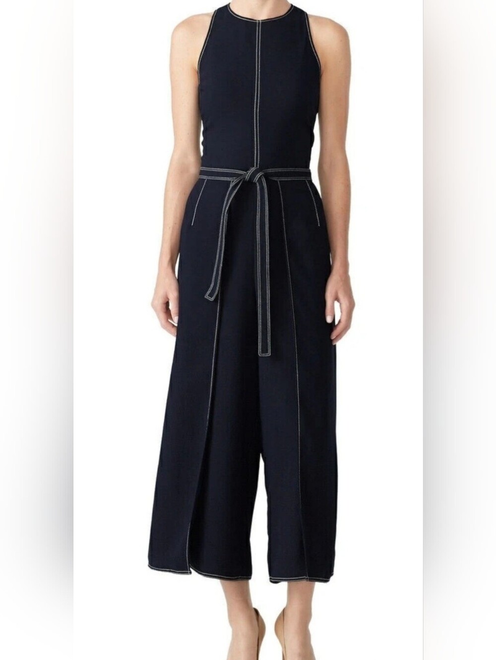 Joie NavyBlue Belted Wide Leg Jumpsuit Sleeveless Contrast Stitch Cropped Romper